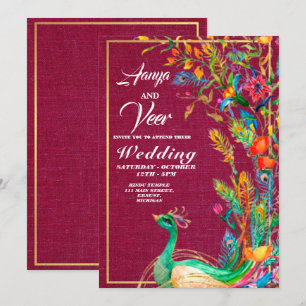 Roze en Gold Peacock Indian Wedding Invitation Kaart