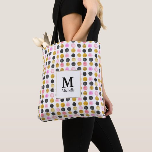 Roze en Gold Polka Dot Monogram Canvas tas (Dichtbij)