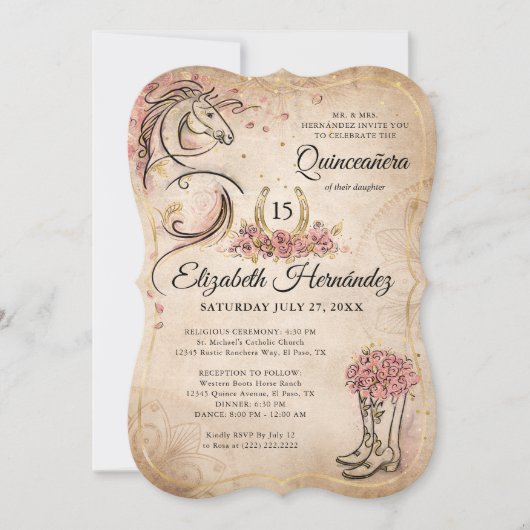 Roze en Gold Quinceanera Rustic Horse Birthday Kaart (Voorkant)