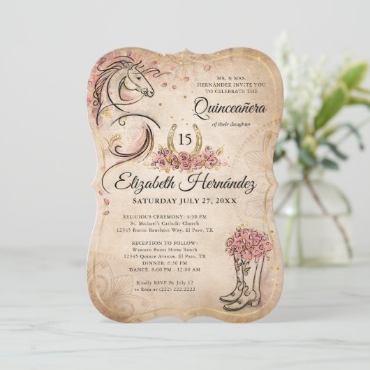 Roze en Gold Quinceanera Rustic Horse Birthday Kaart (Staand voorkant)