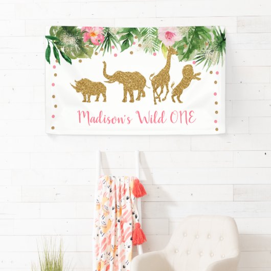 Roze en Gold Safari Wilde Een eerste verjaardag Spandoek (Insitu)