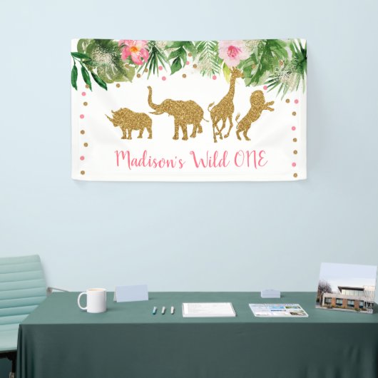 Roze en Gold Safari Wilde Een eerste verjaardag Spandoek (Beurs)