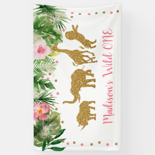 Roze en Gold Safari Wilde Een eerste verjaardag Spandoek (Verticaal)