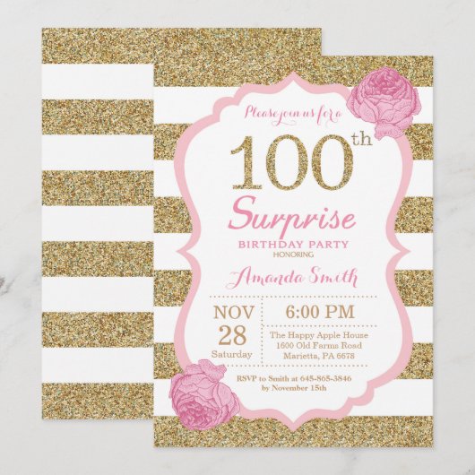 Roze en Gold Surprise - 100e verjaardag uitnodigin Kaart (Voorkant / Achterkant)
