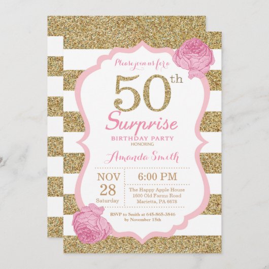 Roze en Gold Surprise - 50e verjaardag uitnodiging (Voorkant / Achterkant)