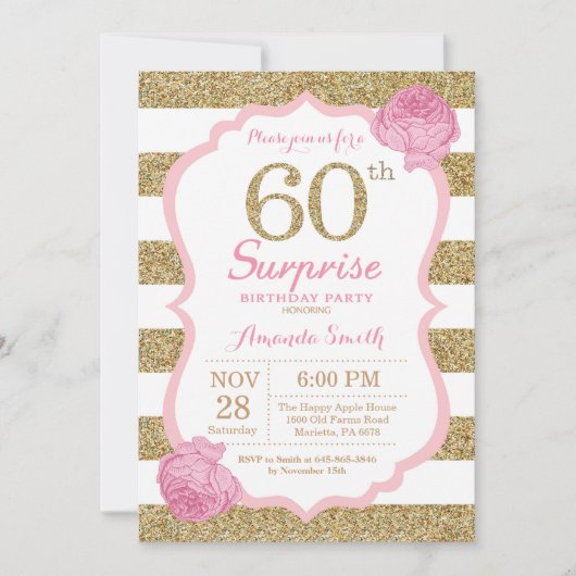 Roze en Gold Surprise 60th Birthday Invitation Kaart (Voorkant)