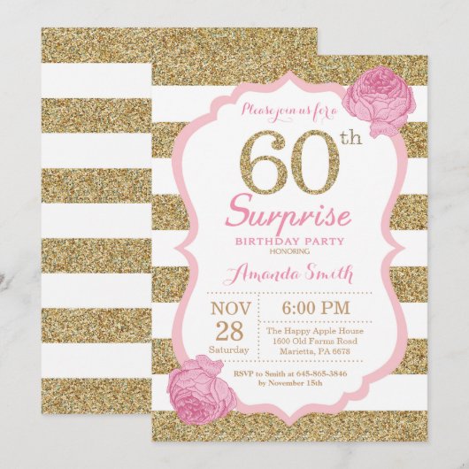 Roze en Gold Surprise 60th Birthday Invitation Kaart (Voorkant / Achterkant)