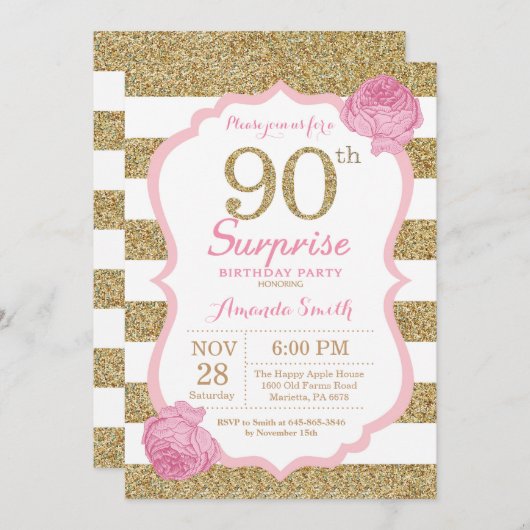 Roze en Gold Surprise - 90e verjaardag uitnodiging (Voorkant / Achterkant)