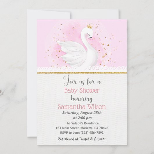 Roze en Gold Swan Princess Baby shower Invitation Kaart (Voorkant)