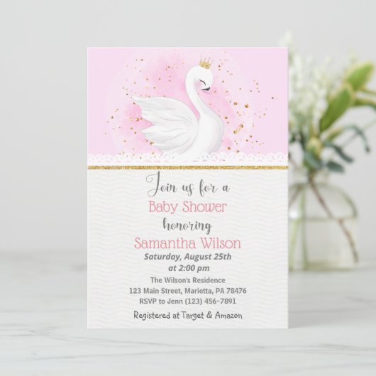 Roze en Gold Swan Princess Baby shower Invitation Kaart (Staand voorkant)