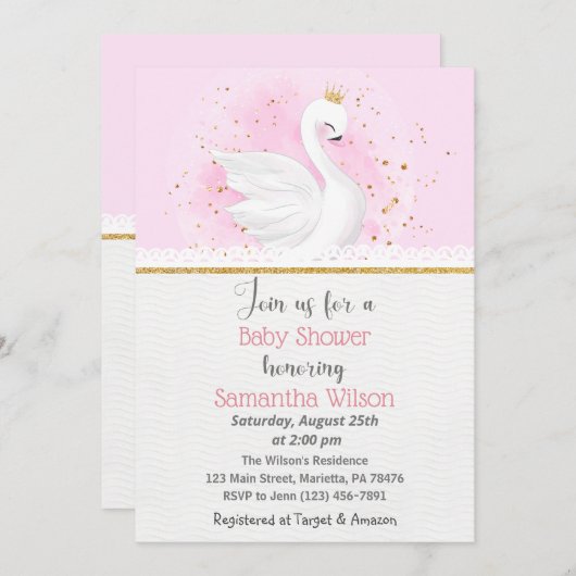 Roze en Gold Swan Princess Baby shower Invitation Kaart (Voorkant / Achterkant)