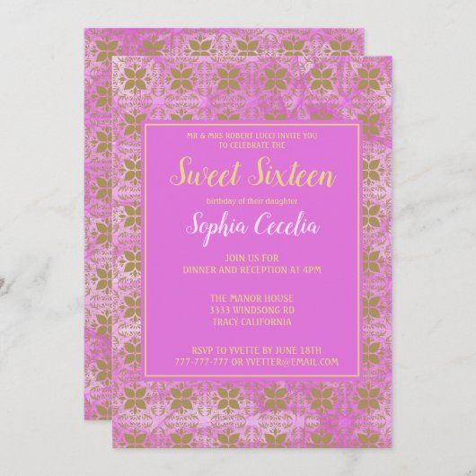 Roze en Gold Sweet 16 Uitnodiging (Voorkant / Achterkant)