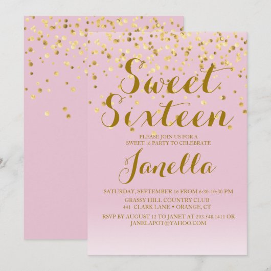 Roze en Gold Sweet 16 Uitnodiging (Voorkant / Achterkant)