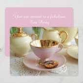Roze en Gold Teacup Tea Party Invitation Kaart (Voorkant / Achterkant)