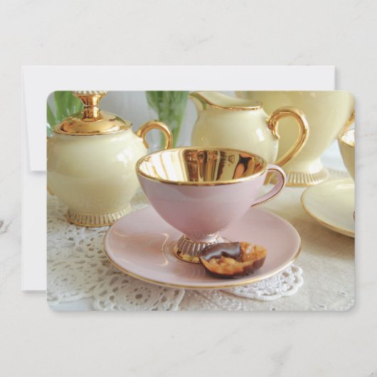 Roze en Gold Teacup Tea Party Invitation Kaart (Voorkant)