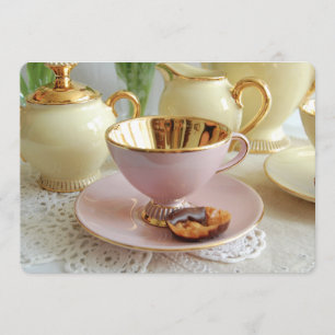 Roze en Gold Teacup Tea Party Invitation Kaart