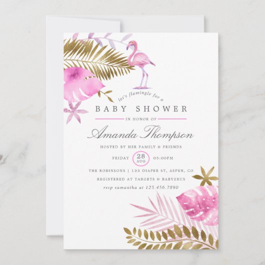 Roze en Gold Tropical Flamingo Girl Baby shower Kaart (Voorkant)