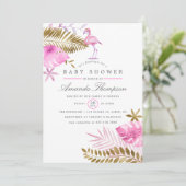 Roze en Gold Tropical Flamingo Girl Baby shower Kaart (Staand voorkant)