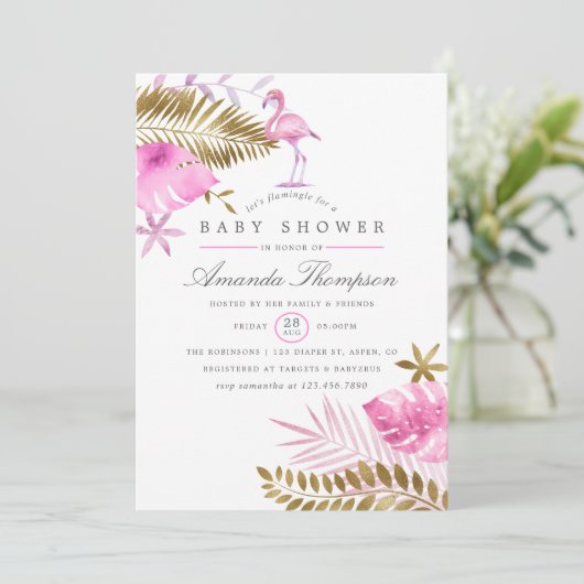 Roze en Gold Tropical Flamingo Girl Baby shower Kaart (Staand voorkant)