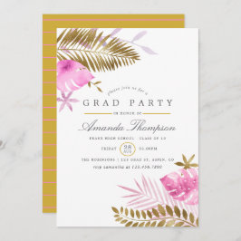 Roze en Gold Tropische Leaves Graduparty Kaart