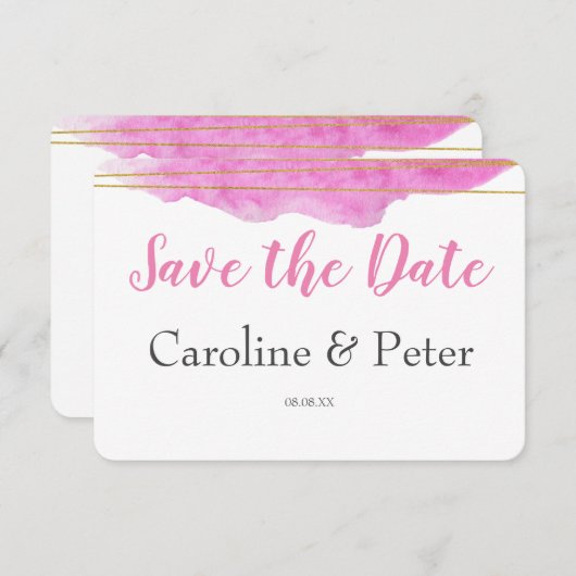 Roze en Gold Waterverf Sla de datumkaart op Save The Date (Voorkant / Achterkant)