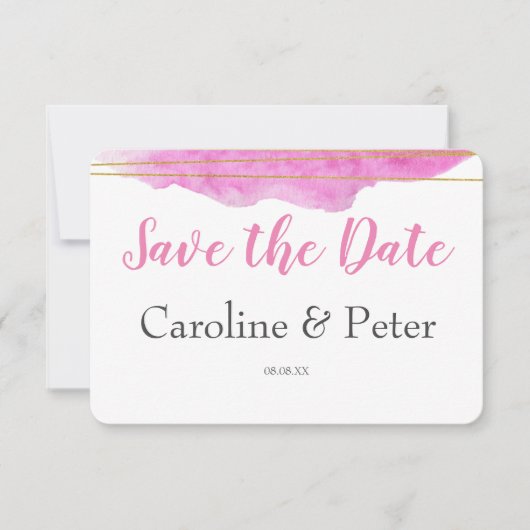Roze en Gold Waterverf Sla de datumkaart op Save The Date (Voorkant)