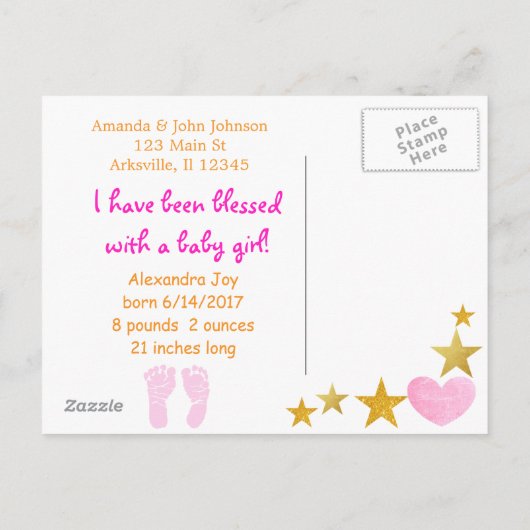 Roze en Gold "Ze is hier" Aankondiging geboorte (Achterkant)