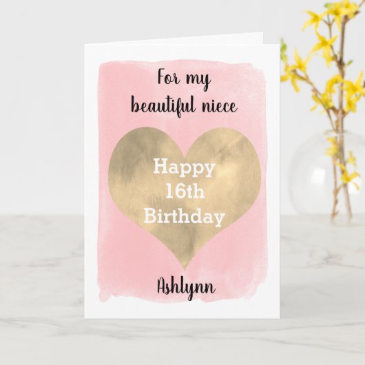  Roze en Goud 16e Verjaardags Nicht Kaart (Gele Bloem)