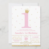 Roze en goud 1e verjaardag meisje prinses kaart (Voorkant)