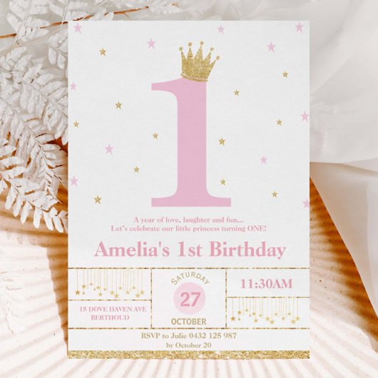 Roze en goud 1e verjaardag meisje prinses kaart