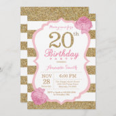 Roze en Goud 20ste Verjaardag Uitnodiging Bloemen (Voorkant / Achterkant)