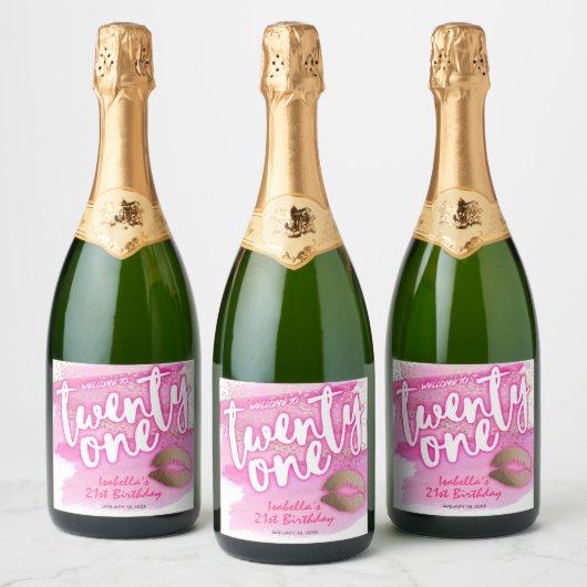 Roze en Goud 21e Verjaardag Mousserende Wijn Etike Sparkling Wijnetiket (Flessen)