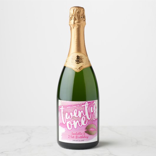 Roze en Goud 21e Verjaardag Mousserende Wijn Etike Sparkling Wijnetiket (Voorkant)