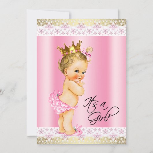 Roze en Goud Baby Meisje Douche Blond Kaart (Voorkant)