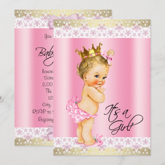Roze en Goud Baby Meisje Douche Blond Kaart (Voorkant / Achterkant)