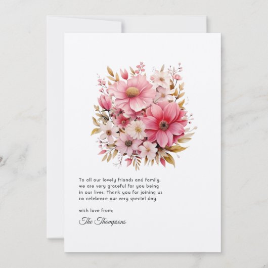 Roze en Goud Bloemen Bruiloft Bedankkaart (Achterkant)