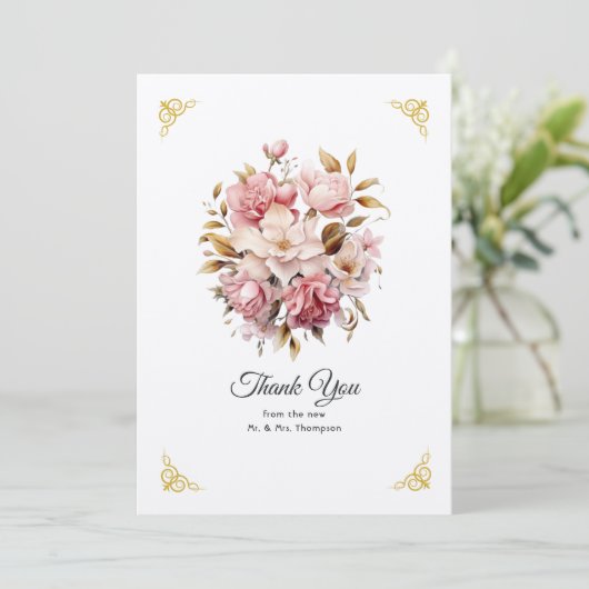 Roze en Goud Bloemen Bruiloft Bedankkaart (Staand voorkant)