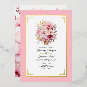 Roze en Goud Bloemen Bruiloft Folie Uitnodiging