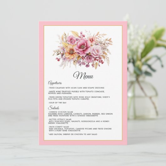 Roze en Goud Bloemen Bruiloft Menu (Staand voorkant)