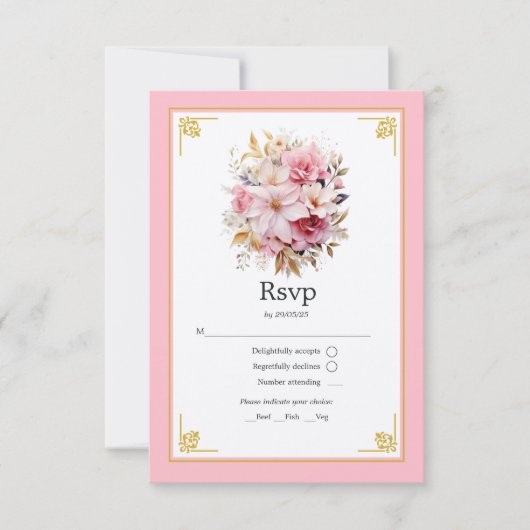 Roze en Goud Bloemen Bruiloft RSVP Kaartje (Voorkant)