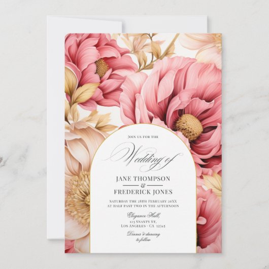 Roze en Goud Bloemen Bruiloft Uitnodiging (Voorkant)