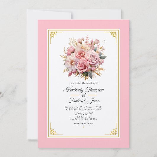 Roze en Goud Bloemen Bruiloft Uitnodiging (Voorkant)