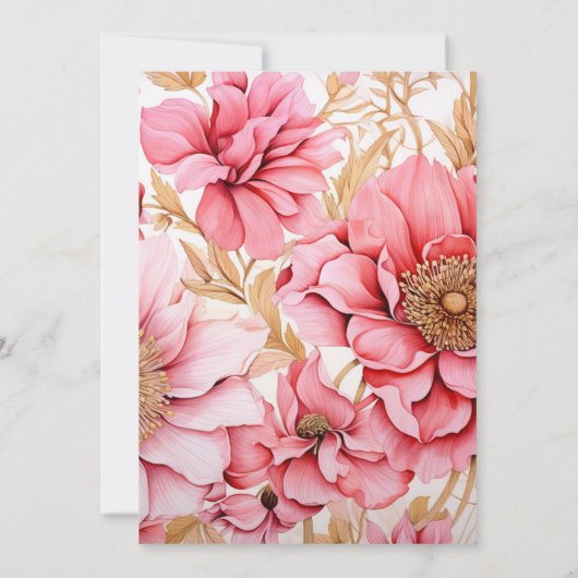 Roze en Goud Bloemen Bruiloft Uitnodiging (Achterkant)