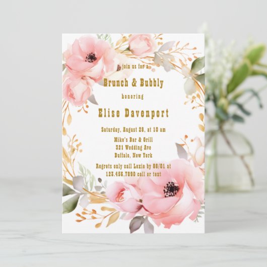 Roze en Goud Bloemen Brunch & Bubbly Kaart (Staand voorkant)