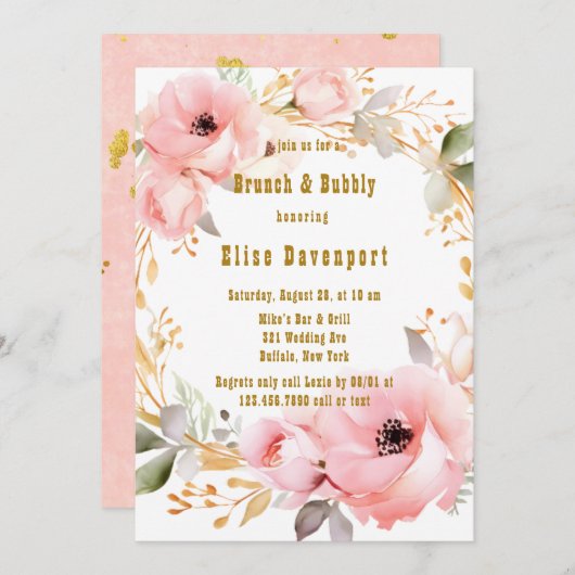 Roze en Goud Bloemen Brunch & Bubbly Kaart (Voorkant / Achterkant)