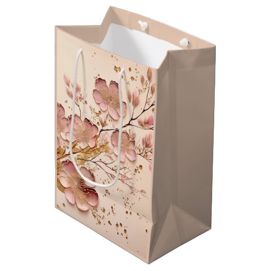 Roze en Goud Bloemen Elegant Minimalist Medium Cadeauzakje (Voorkant Gekanteld)