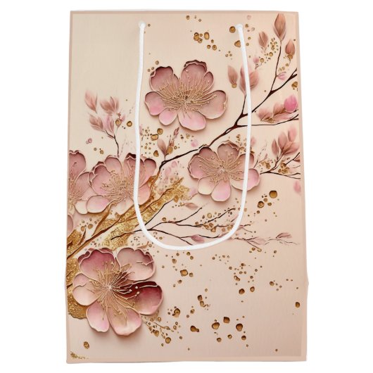 Roze en Goud Bloemen Elegant Minimalist Medium Cadeauzakje (Achterkant)