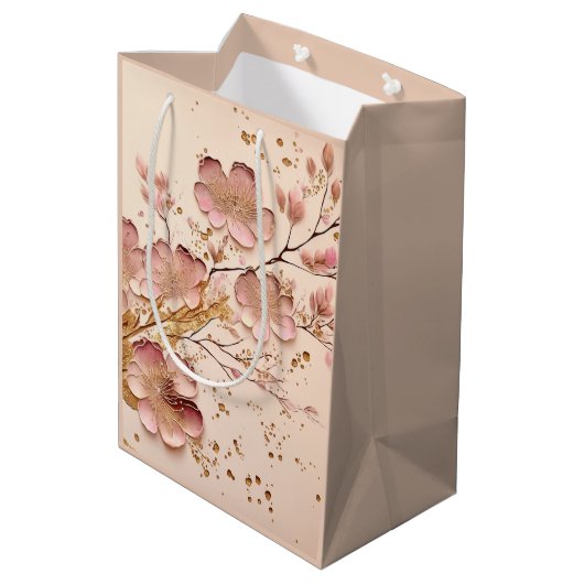 Roze en Goud Bloemen Elegant Minimalist Medium Cadeauzakje (Achterkant Gekanteld)