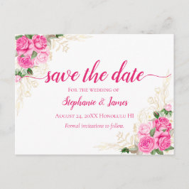 Roze en Goud Bloemen Rozen Bruiloft Save the Date Aankondigingskaart