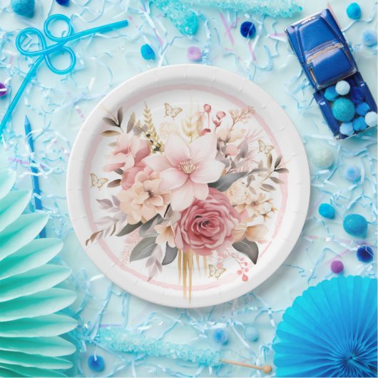 Roze en Goud Bloemen Vlinder Bruiloft Papieren Bordje (Feest)